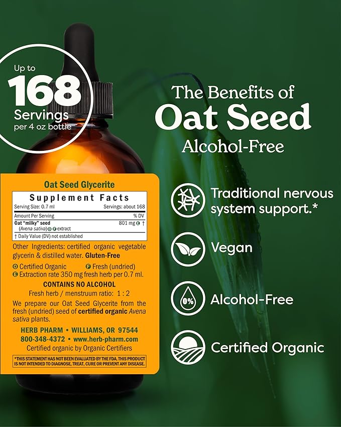 Herb Pharm Certified Organic Alcohol-Free Oat Seed Glycerite for Nervous System Support - 4 Ounce