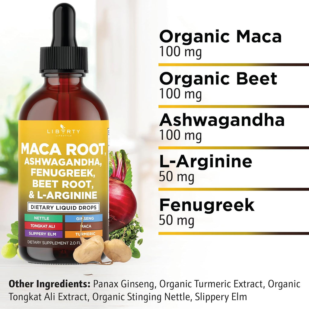 Organic Maca Root Liquid Drops with Ashwagandha, Nettle, Fenugreek, Beet Root and L-Arginine Liquid Multivitamin for Women and Men - 6oz