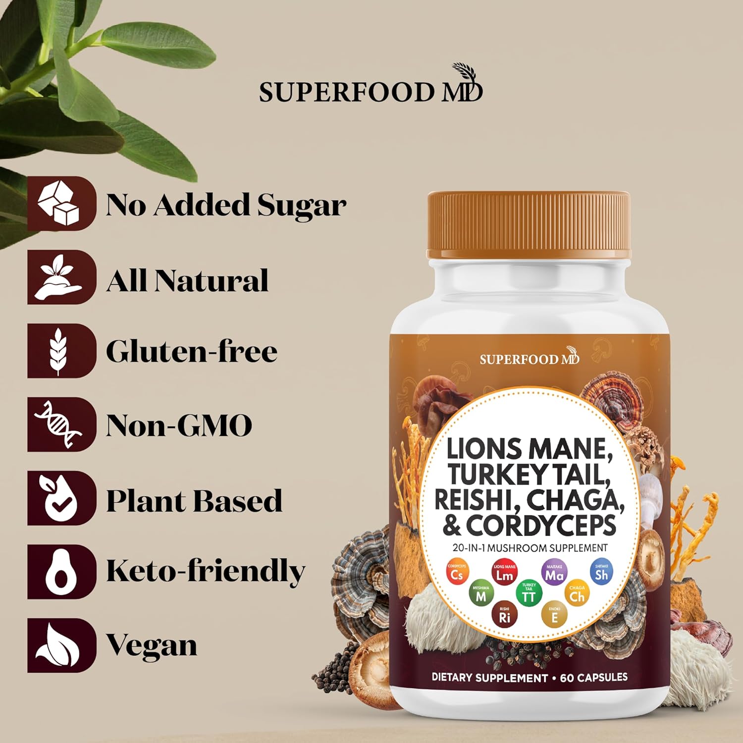 Lions Mane Mushroom Supplement with Turkey Tail Reishi Cordyceps Chaga with Marshmallow Root - 180 Count