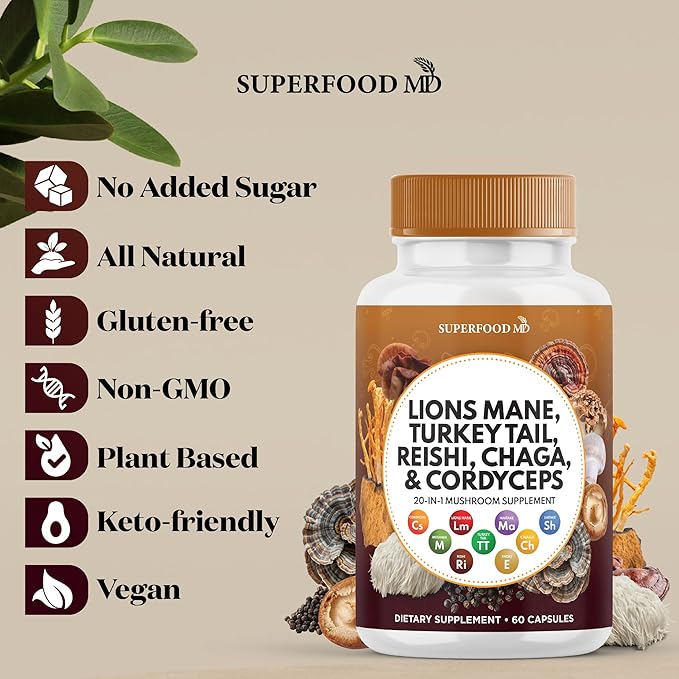Superfood MD Lions Mane Mushroom Supplement with Turkey Tail Reishi Cordyceps Chaga with Marshmallow Root - 120 Count