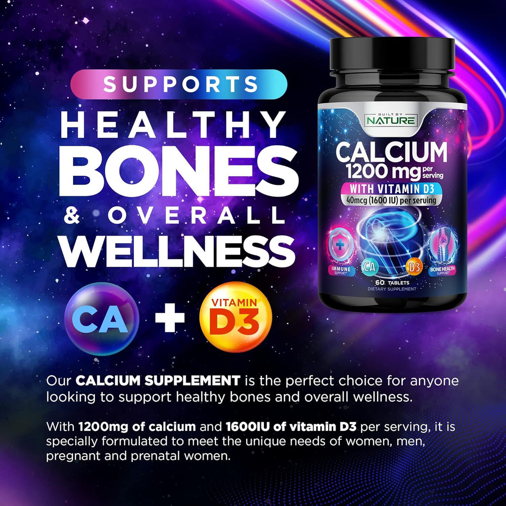 Calcium 1200mg with Vitamin D3 for Best Absorption - Advanced Bone Support Supplement, 1200 mg Calcium Carbonate & 1600 IU Vitamin D3, Slow Release for Immune Support, Easy to Swallow, 60 Tablets