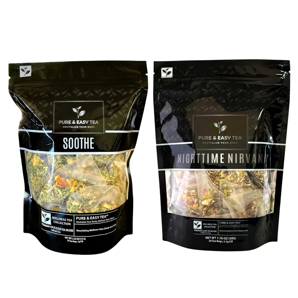 Pure And Easy Tea, Wellness Herbal Tea Bundle, Soothe & Nighttime Nirvana, 100% Natural Premium Handcrafted Tea Blends, Caffeine-Free, 35 Teabags, 125g/4.4oz
