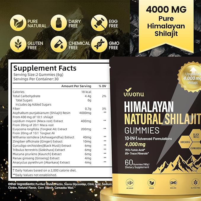 Shilajit for Men & Women, Shilajit Gummies | 4000mg High Potency 10-in-1 Formula with Pure Himalayan Shilajit, Ashwagandha, and 75% Fulvic Acid | Sugar-Free Vegan, 85+ Trace Minerals