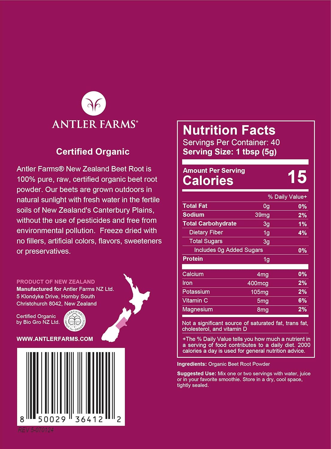 Antler Farms - 100% Pure Organic New Zealand Beet Root Powder, 40 Servings, 200g - Freeze Dried, Raw, Vegan, Gluten Free, Naturally Rich in Nitrates for Performance & Vitality