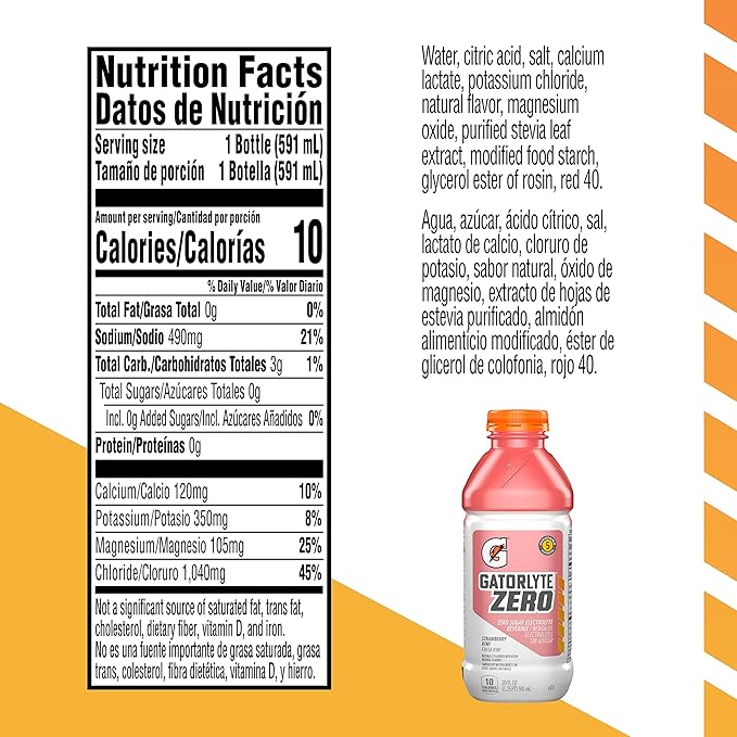Gatorlyte Zero Electrolyte Beverage, Strawberry Kiwi, Zero Sugar Hydration, Specialized Blend of 5 Electrolytes, No Artificial Sweeteners or Flavors, 20 Oz Bottles (Pack of 12)