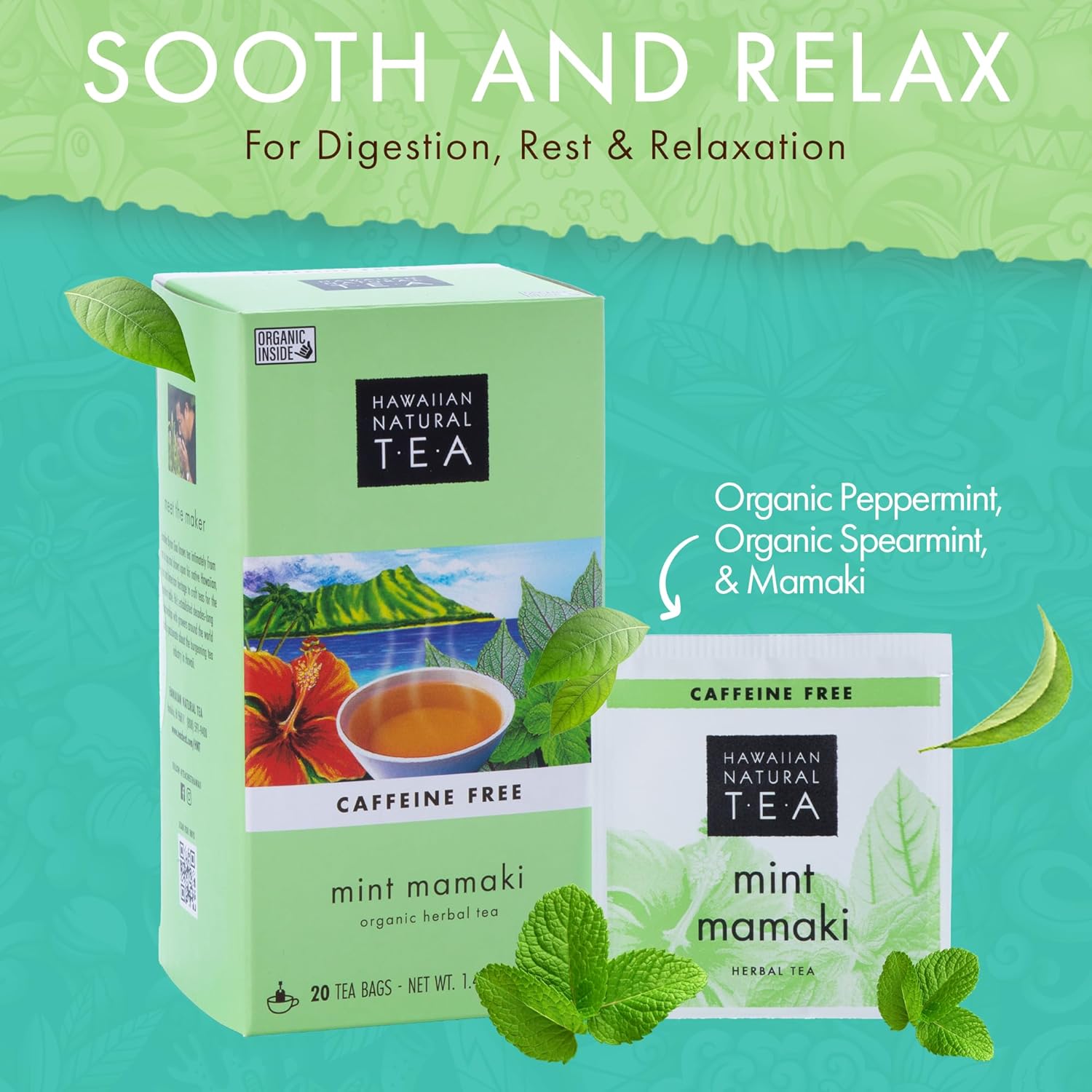 Hawaiian Natural Tea Organic Mamaki Mint Tea Blend - Caffeine Free Herbal Tea - Antioxidant-Rich, Calming, Wellness Tea for Bedtime, Anxiety & Stress - Gift for Tea Lovers - 120 Tea Bags