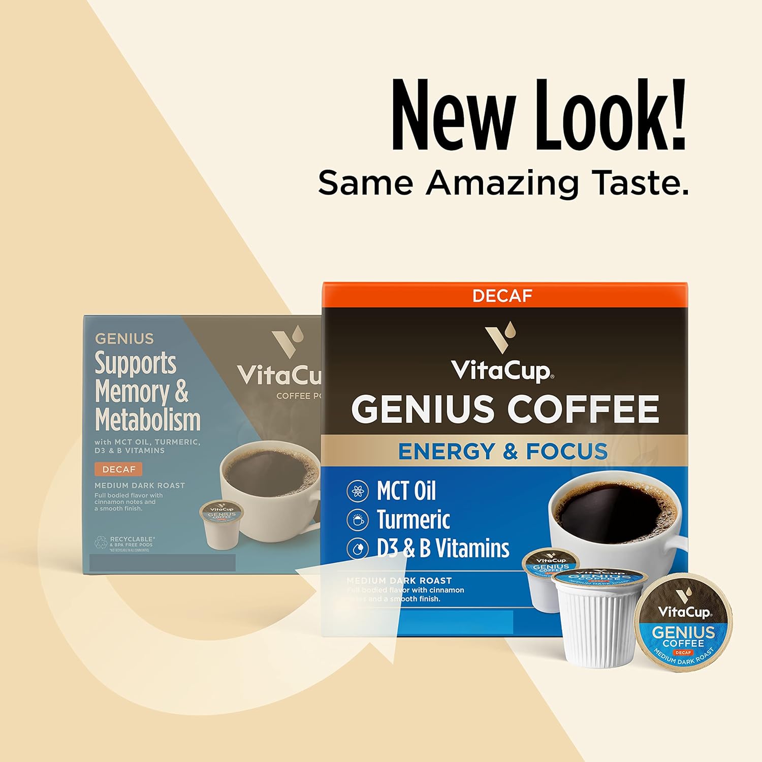 Decaf Genius Keto Coffee Pods with MCT Oil, Turmeric, and B Vitamins by VitaCup for Focus in Recyclable Single Serve Pod Compatible with K-Cup Brewers Including Keurig 2.0, 32 CT