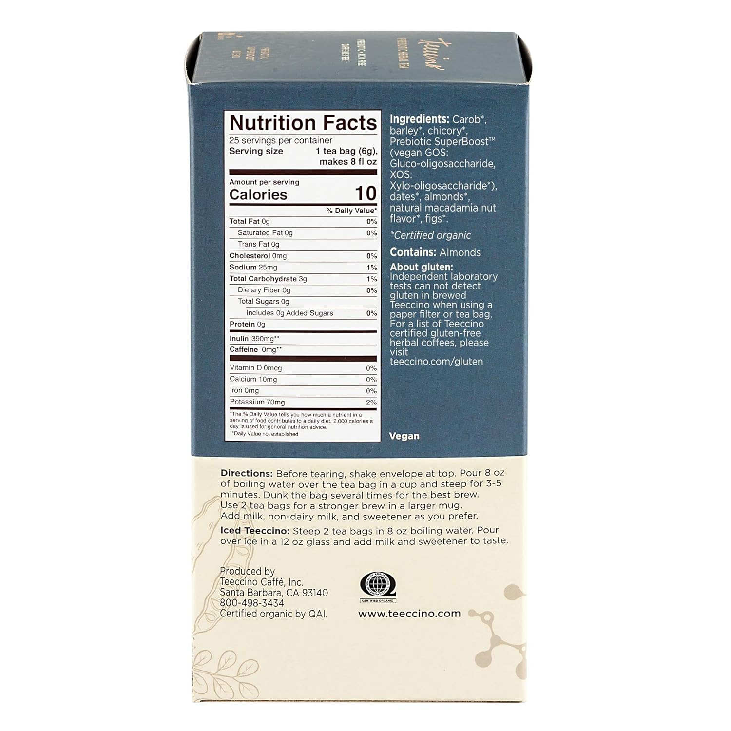 Teeccino Macadamia Nut - Prebiotic SuperBoost™ Herbal Tea - Support Your Probiotics with Vegan GOS & Organic XOS For Good Gut Health - Digestive Dessert Tea, 25 Tea Bags