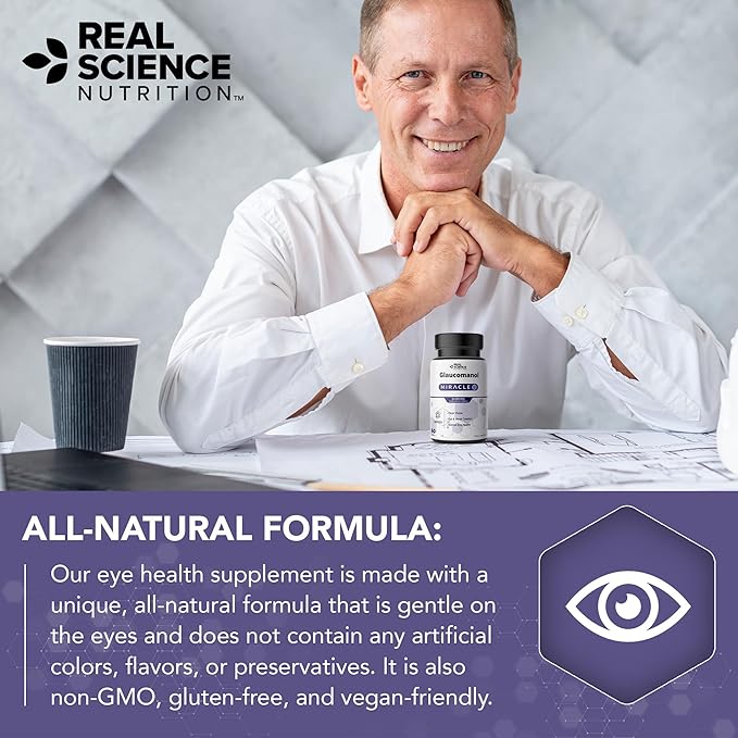 Real Science Glaucomol Miracle - Natural Eye Vitamins & Eye Supplements for Optic Nerve & Ocular Circulation Support – with Vitamins C, D & B12 for Vision Clarity & Eye Comfort – Made in USA, 60 Caps