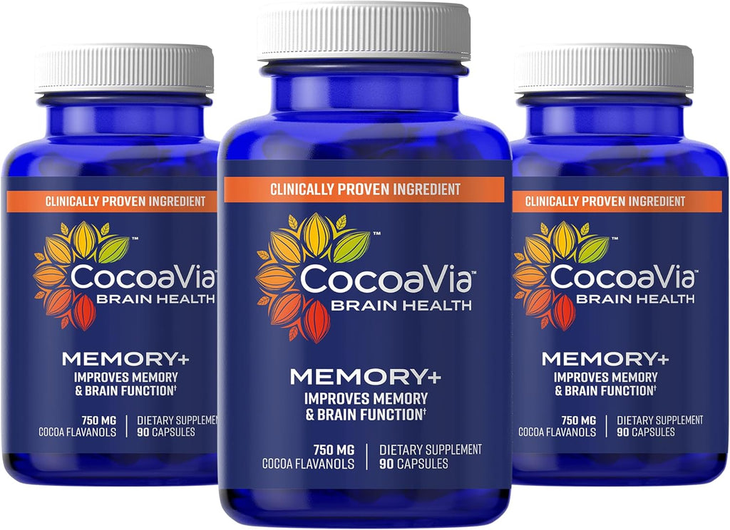 CocoaVia Memory+ Brain Supplement, 90 Day, 750 mg Cocoa Flavanols, Memory & Brain Booster, Vegan, Plant Based, Gluten Free, 90 Count (Pack of 3)