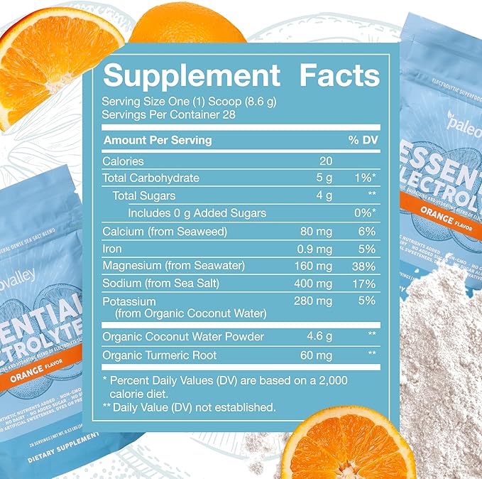 Paleovalley Essential Electrolytes Powder - Full Spectrum Orange Electrolyte Powder for Hydration, Energy and Muscle Recovery - No Sugar Added