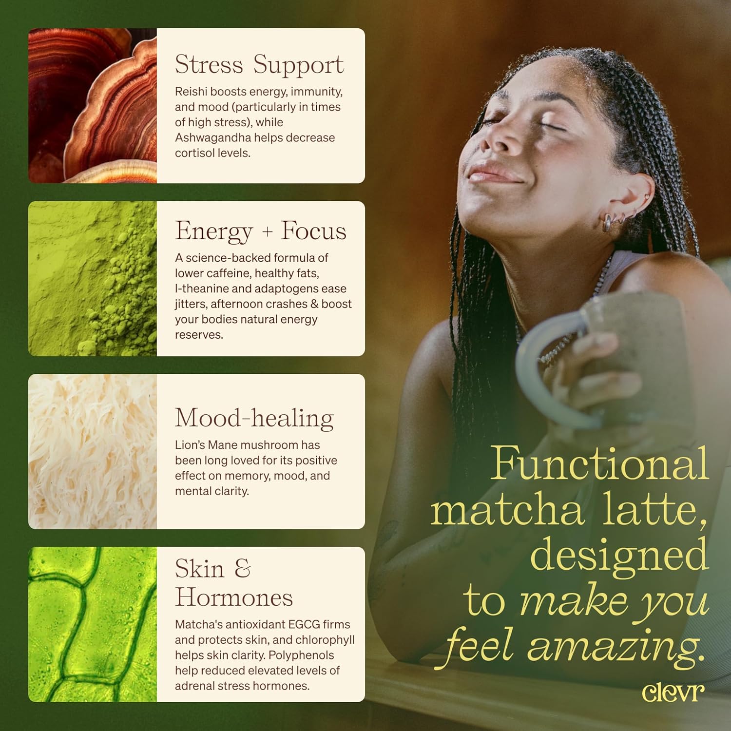 Clevr Blends Pistachio Matcha SuperLatte, Organic Ceremonial Grade, Instant Superfood Powder Blend with Lions Mane, Reishi Mushroom, Coconut Cream, Oat Milk, Ashwagandha, Serve Hot or Iced (14 Lattes)