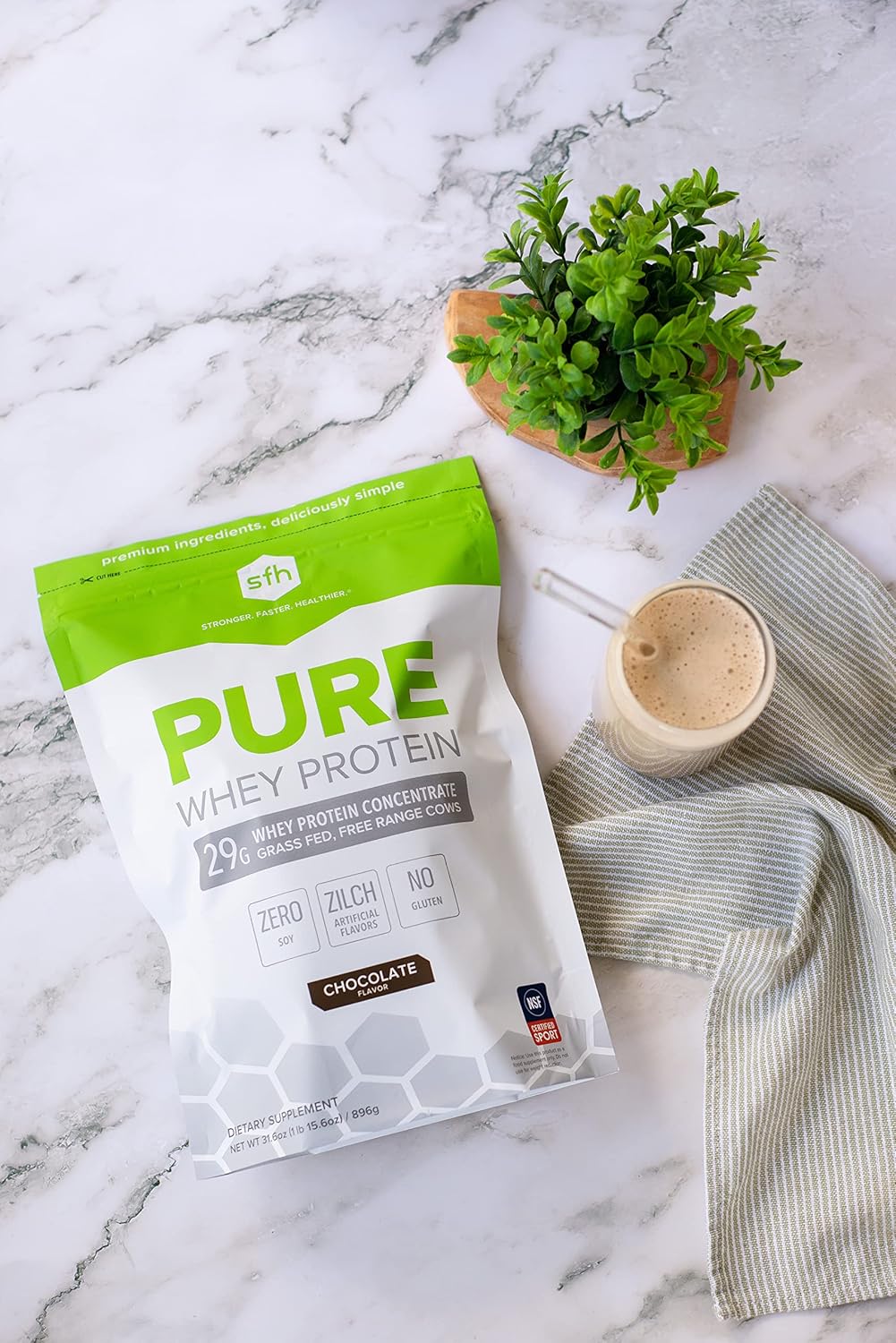 SFH Pure Whey Protein Powder (Chocolate) Best Tasting Grass Fed Whey | All Natural | Non-GMO, No Artificials, Soy Free, Gluten Free | (Chocolate, 31.6 Ounce (Pack of 1)