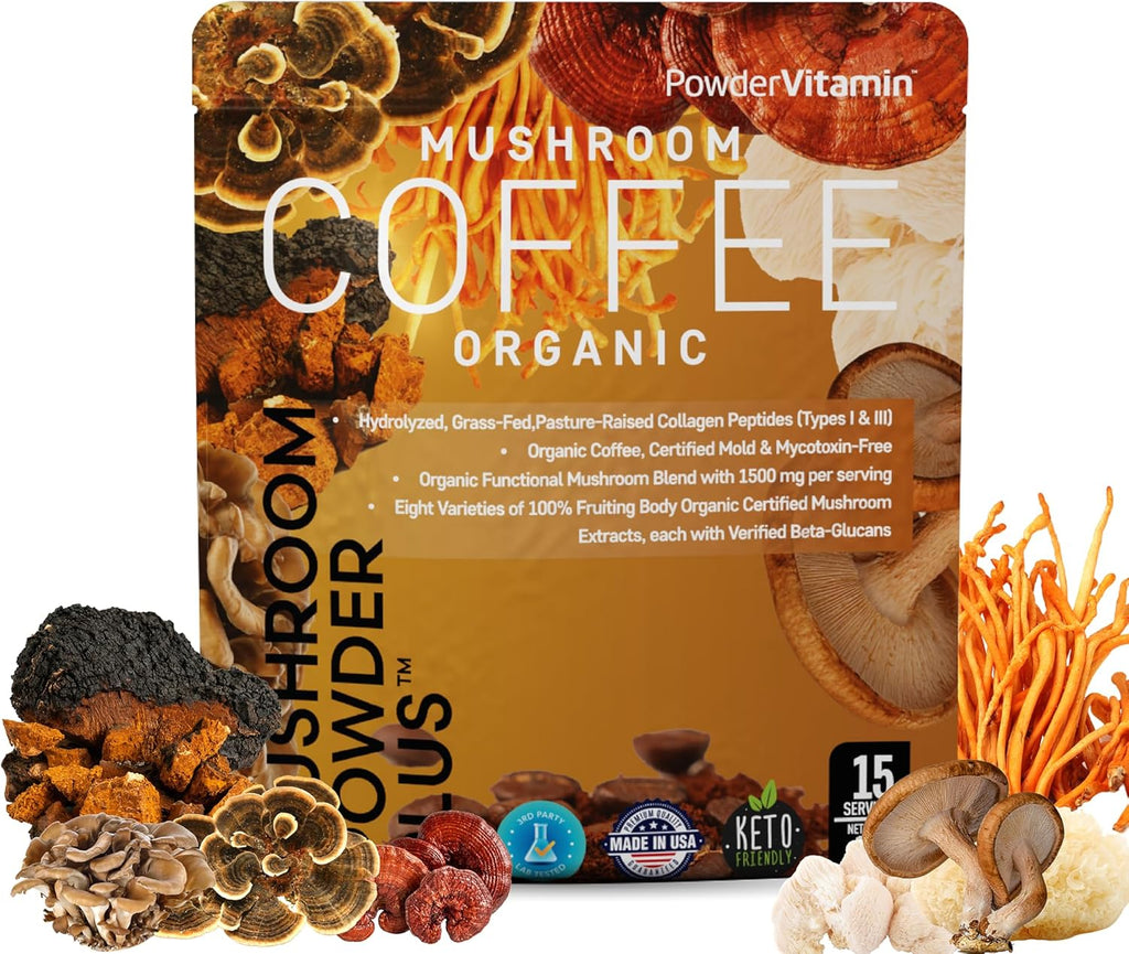 Organic Mushroom Coffee Certified Mold & Mycotoxin Free GrassFed Collagen Types I & III 8 Fruiting Body Mushrooms Tested for BetaGlucans Focus Energy Digestion & Immunity 15 Servings