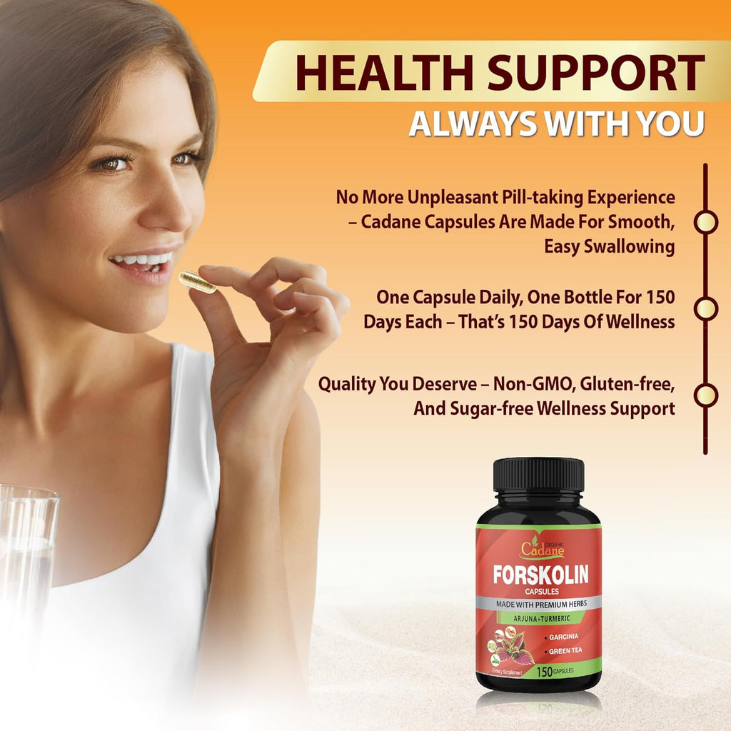 Organic Cadane Forskolin Supplement Capsules - 5in1 Concentrated with Turmeric Curcumin, Arjuna, Garcinia Cambogia, and Green Tea - 150 Capsules for 5 Months Supply