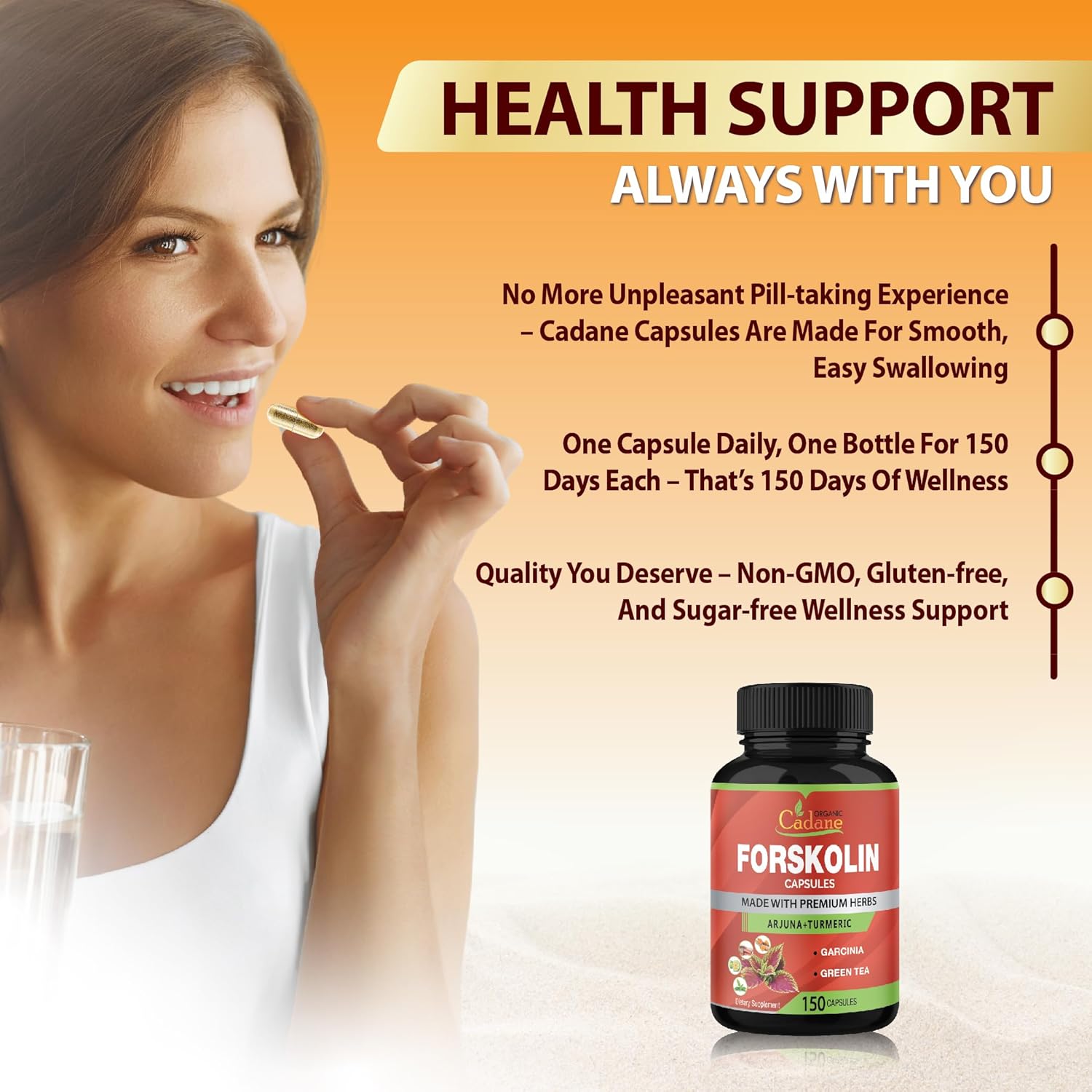 Organic Cadane Forskolin Supplements - 5in1 with Turmeric Curcumin, Arjuna, Garcinia Cambogia, and Green Tea - 5 Month Supply - 150 Capsules