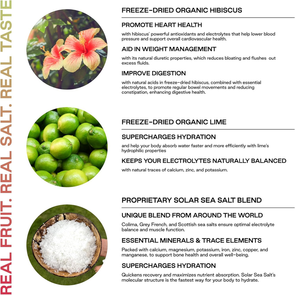 Purest Electrolyte Hibiscus Lime Powder Packets – Whole Food Hydration - Organic Freeze-Dried Fruits and Solar Sea Salts for Ultimate Electrolyte Balance