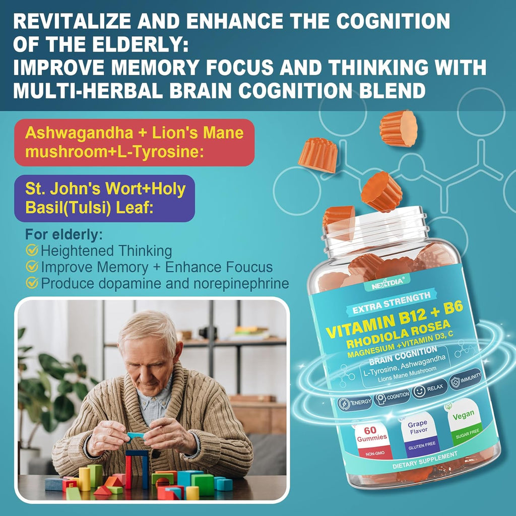 Focus Memory & Energy Gummies, L-Tyrosine + Methyl B12 1000mcg, B6 50mg, D3 C, Lion's Mane Mushroom, for 15+ Students, Office Worker, Multivitamin, Herb Blend for Seniors Brain & Cognition, 1 Pack