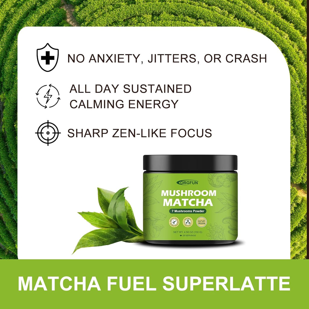 ORGFUN Mushroom Matcha, Japanese Ceremonial Matcha Infused With 7 Superfood Mushrooms, MCT Oil, Coconut Milk Powder, No Added Sugar, Non-GMO, Great Iced Matcha Latte 4.58 Oz