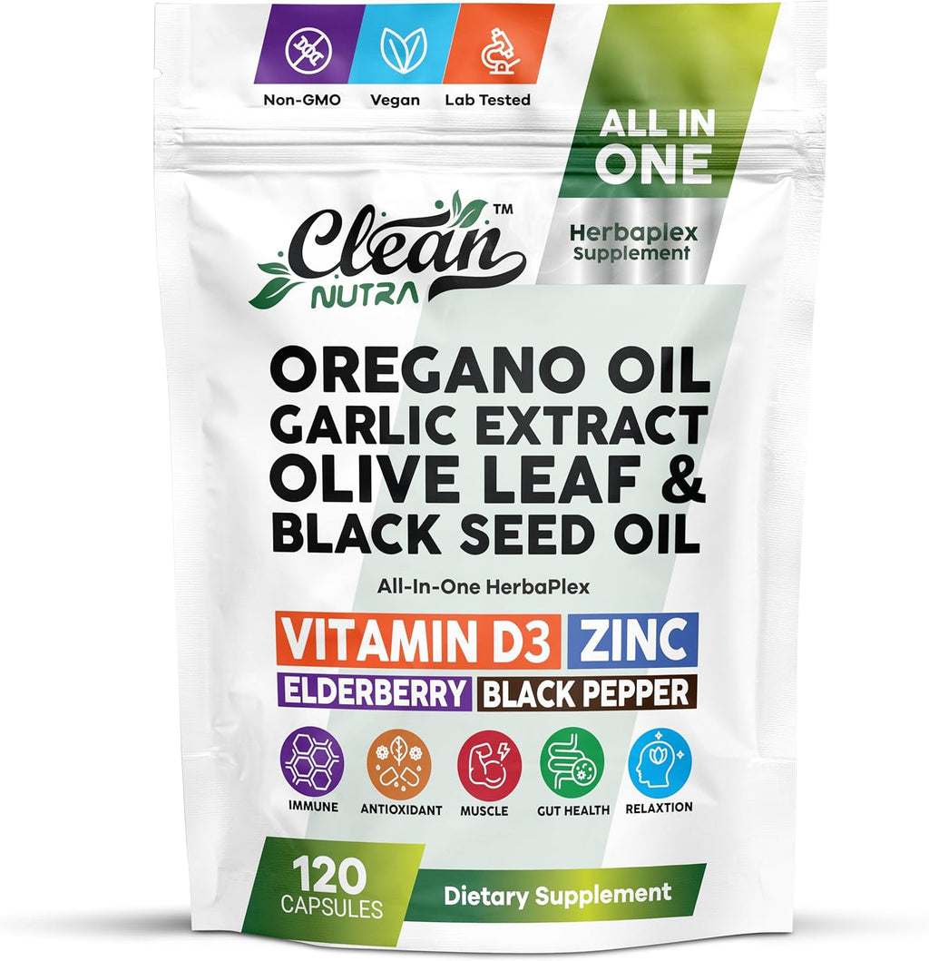 Clean Nutra Oregano Oil with Black Seed Oil Garlic Olive Leaf Extract - Oil of Oregano Capsules Immune Support Carvacrol & Thymoquinone Supplement (120 Count (Pack of 1))