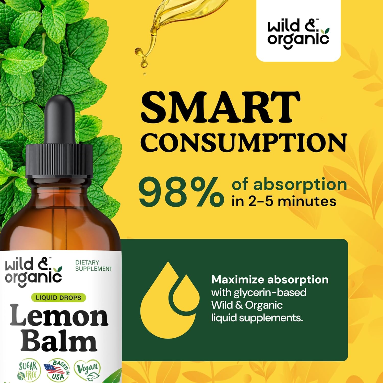 Wild & Organic Lemon Balm Tincture - Mood Support Supplement - Melissa Lemon Balm Leaf Extract Drops - Vegan, Sugar & Alcohol-Free Calming Supplement - 4 fl oz