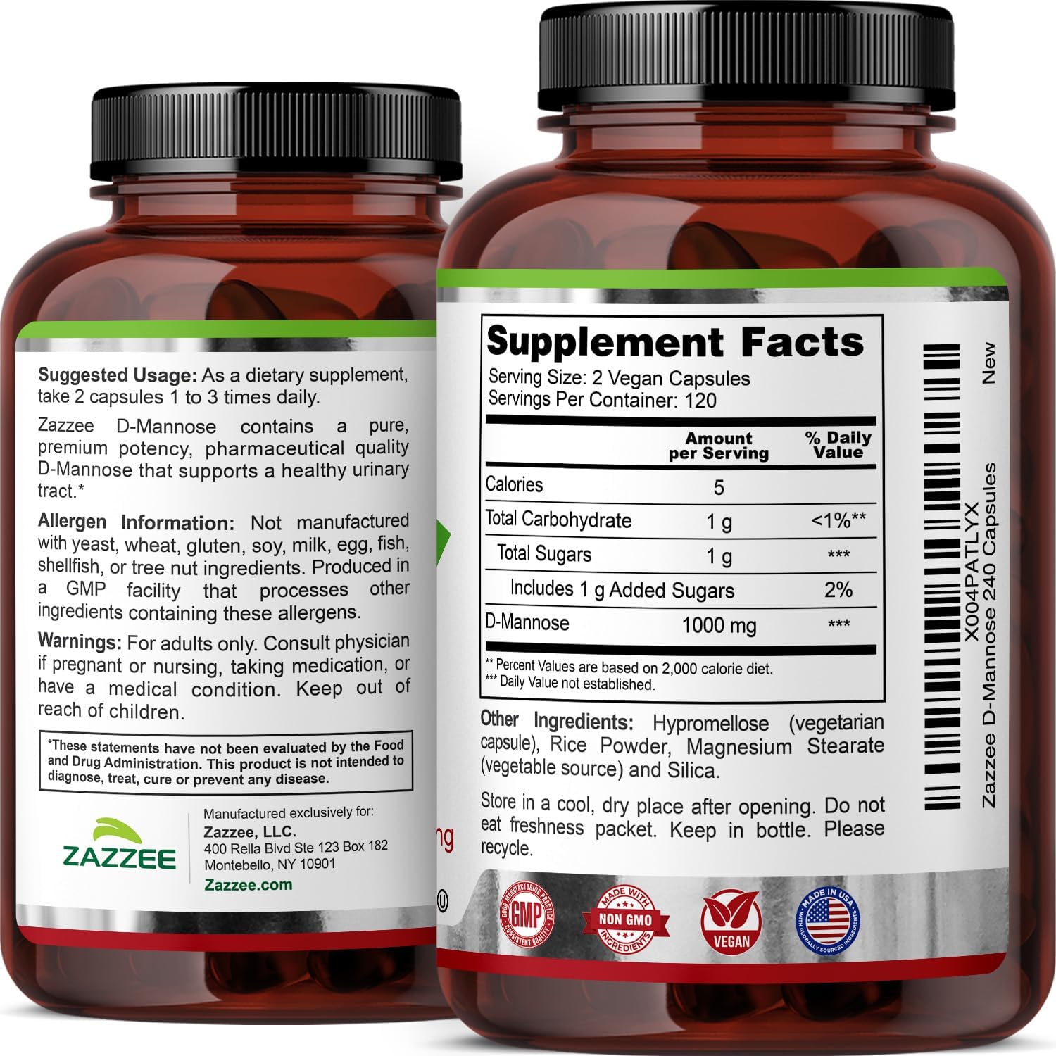 Zazzee D-Mannose, 1000 mg per Serving, 240 Vegan Capsules, 4 Month Supply, Potent & Fast-Acting, Certified Kosher, 100% Pure, All-Natural Urinary Tract Health Support, 100% Vegetarian, Non-GMO