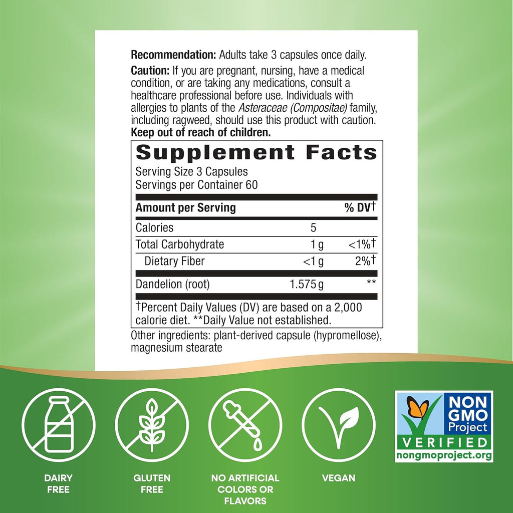 Nature's Way Dandelion Root, Traditional Diuretic Herb*, Traditionally used to Soothe Digestive Upset*, Vegan, 180 Capsules (Packaging May Vary)