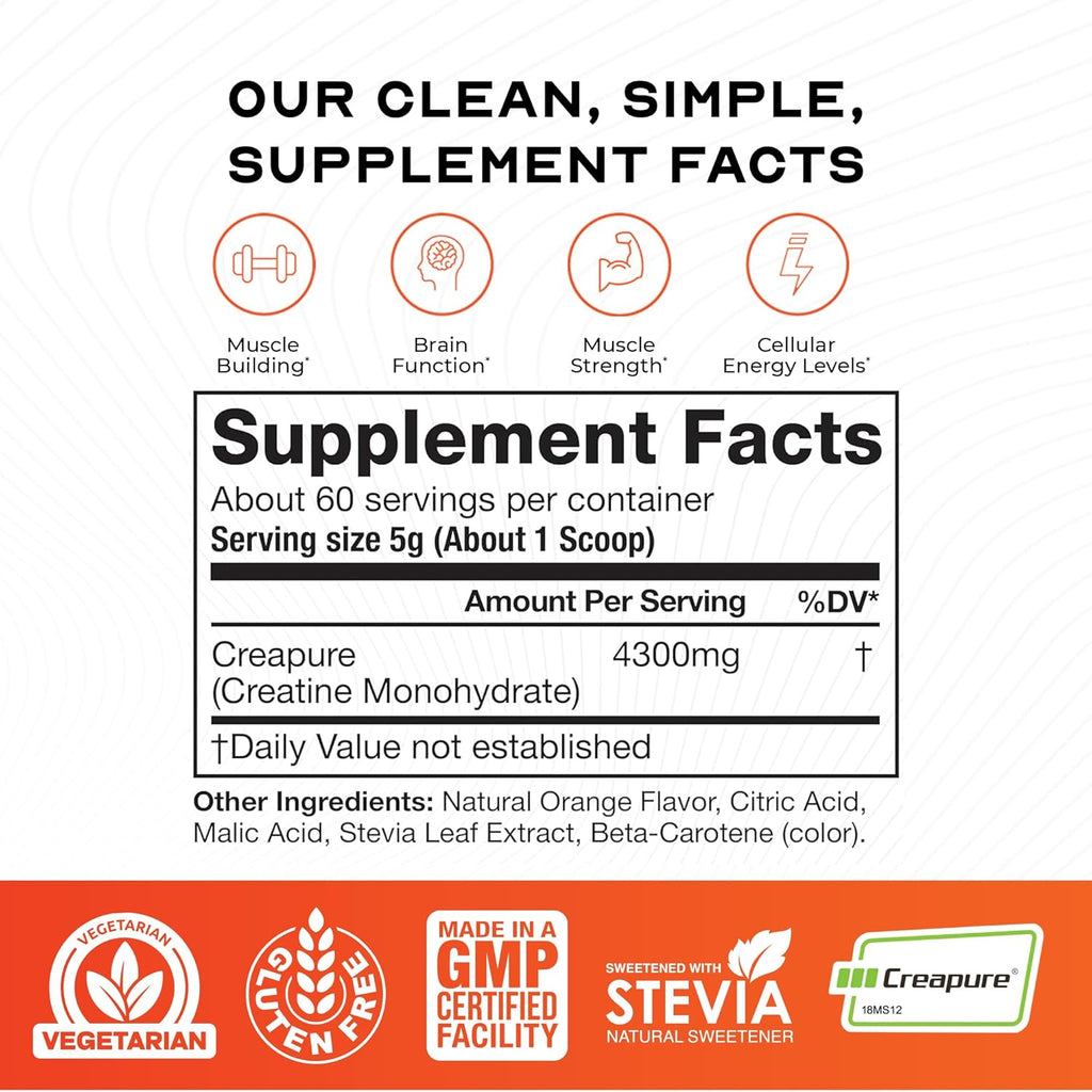 Muscle Feast Creapure Creatine Monohydrate Powder, Vegan Keto Friendly Gluten-Free Easy to Mix, Muscle Recovery Supplement, Trusted Creatine for Muscle Growth, Flavored Creatine, Natural Orange, 300g