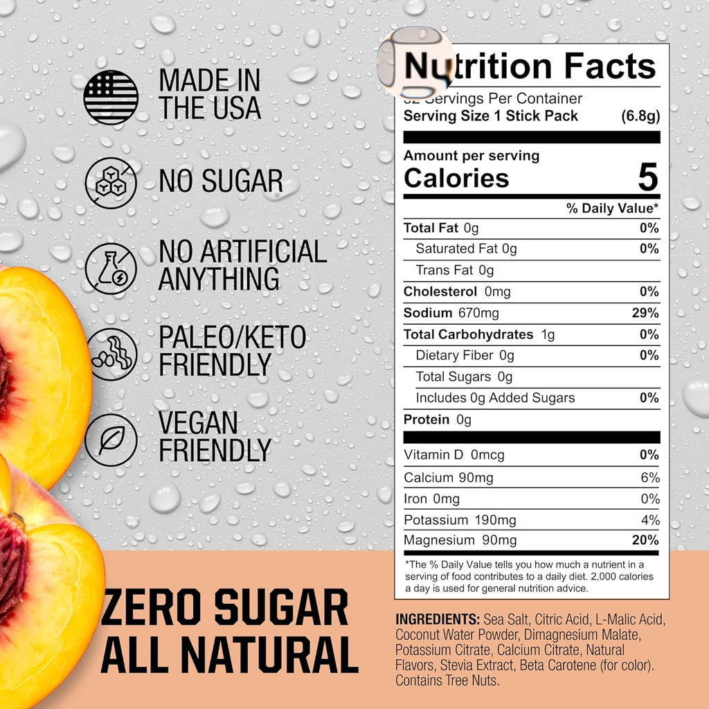 Fire Science Fire Salt Hydration Sticks, Electrolytes & Coconut Water, Hydration Drink Mix with Magnesium, Potassium & Sodium, Zero Sugar, Single Serve On The Go Packs, Vegan, Peach Flavor, 32 Count