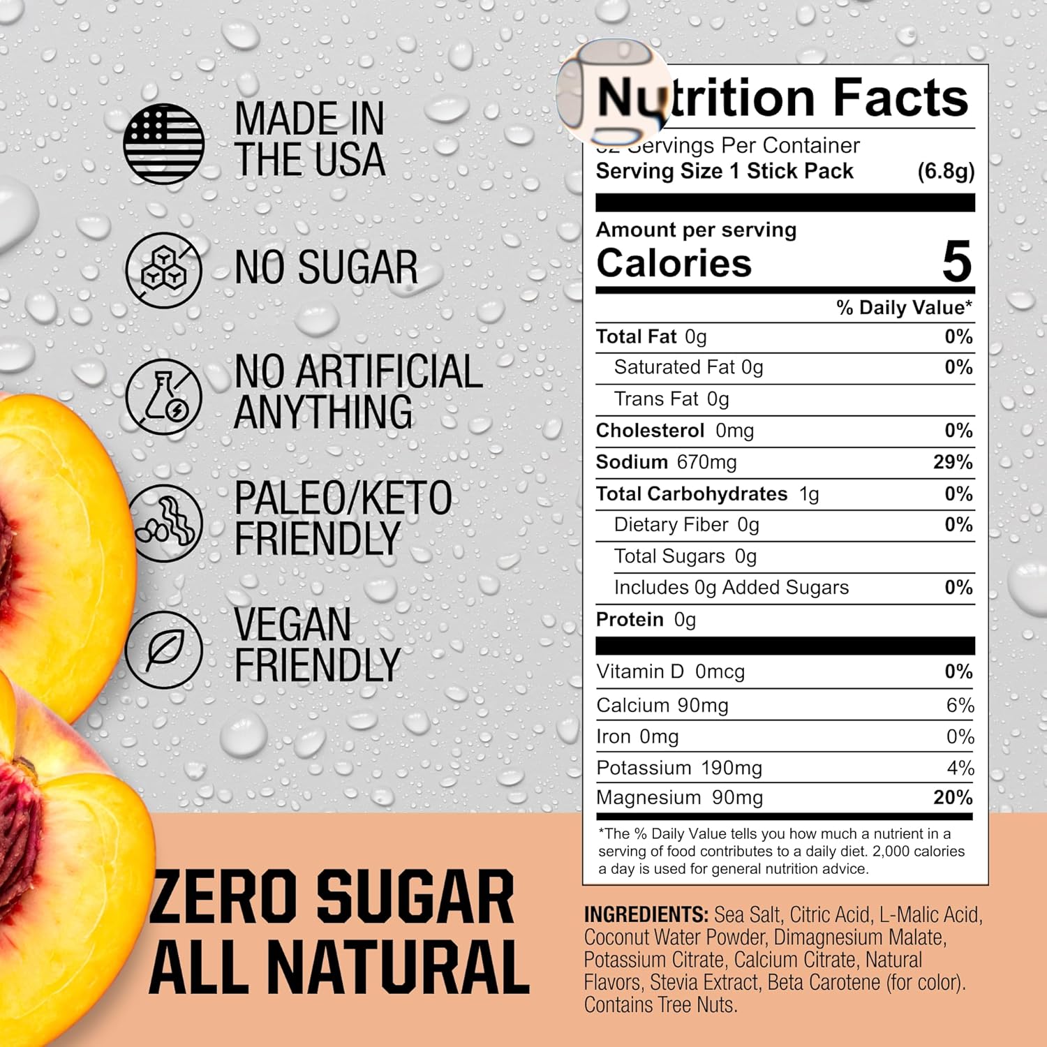 Fire Science Fire Salt Hydration Sticks, Electrolytes & Coconut Water, Hydration Drink Mix with Magnesium, Potassium & Sodium, Zero Sugar, Single Serve On The Go Packs, Vegan, Peach Flavor, 32 Count