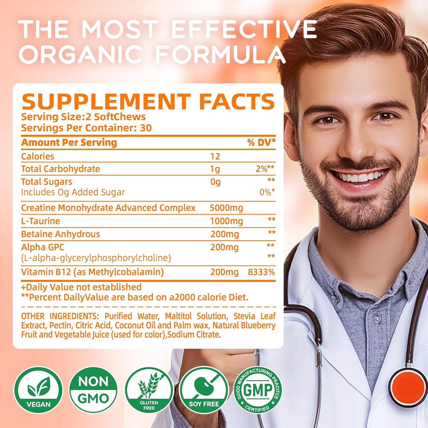 Creatine Monohydrate Chews Complex 6400mg for Men & Women -Advanced Formula W/L-Taurine + Vitamin B12, Sugar Free Chewable Supplement,60 Orange Softchews