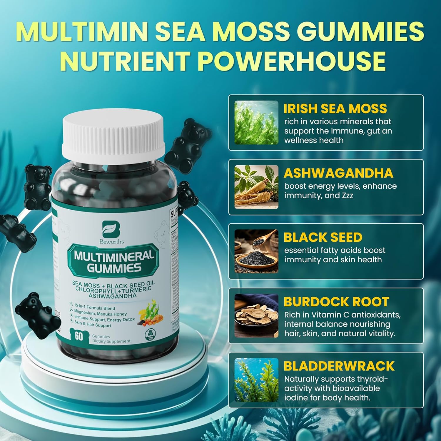 Sea Moss Black Seed Oil Ashwagandha Gummies, Irish Sea Moss Chlorophyll Gummy Supplement with Turmeric, Magnesium, Chlorophyll, Elderberry, Manuka Honey - Immune & Gut Detox Support | Vegan