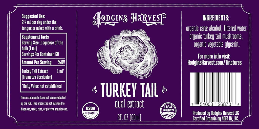 Hodgins Harvest Organic Turkey Tail Tincture | Made with Mushrooms Grown On Our Farm in The USA | Dual Extract | Extra-Concentrated (2 fl oz)