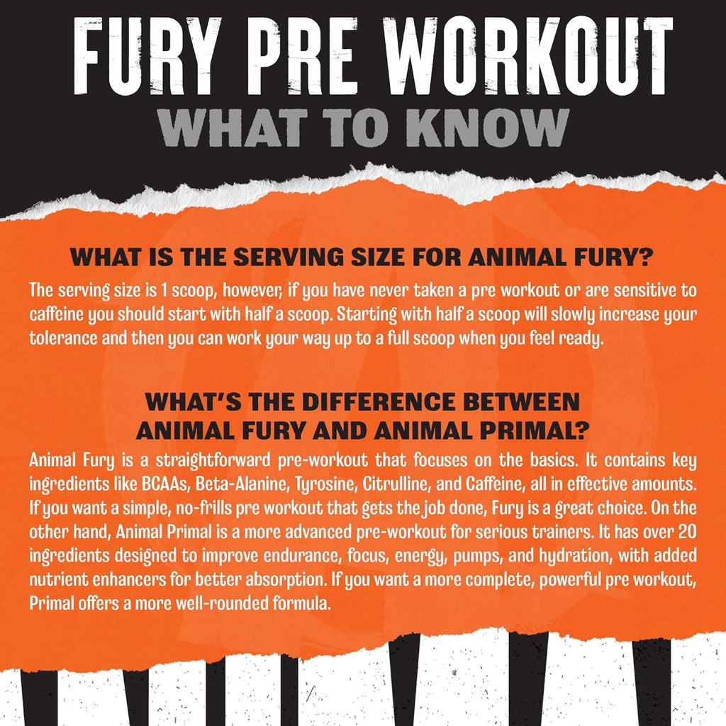 Animal Fury - Pre Workout Powder Supplement for Energy and Focus - 5g BCAA, 350mg Caffeine Nitric Oxide Without Creatine - Powerful Stimulant for Bodybuilders - Blue Raspberry