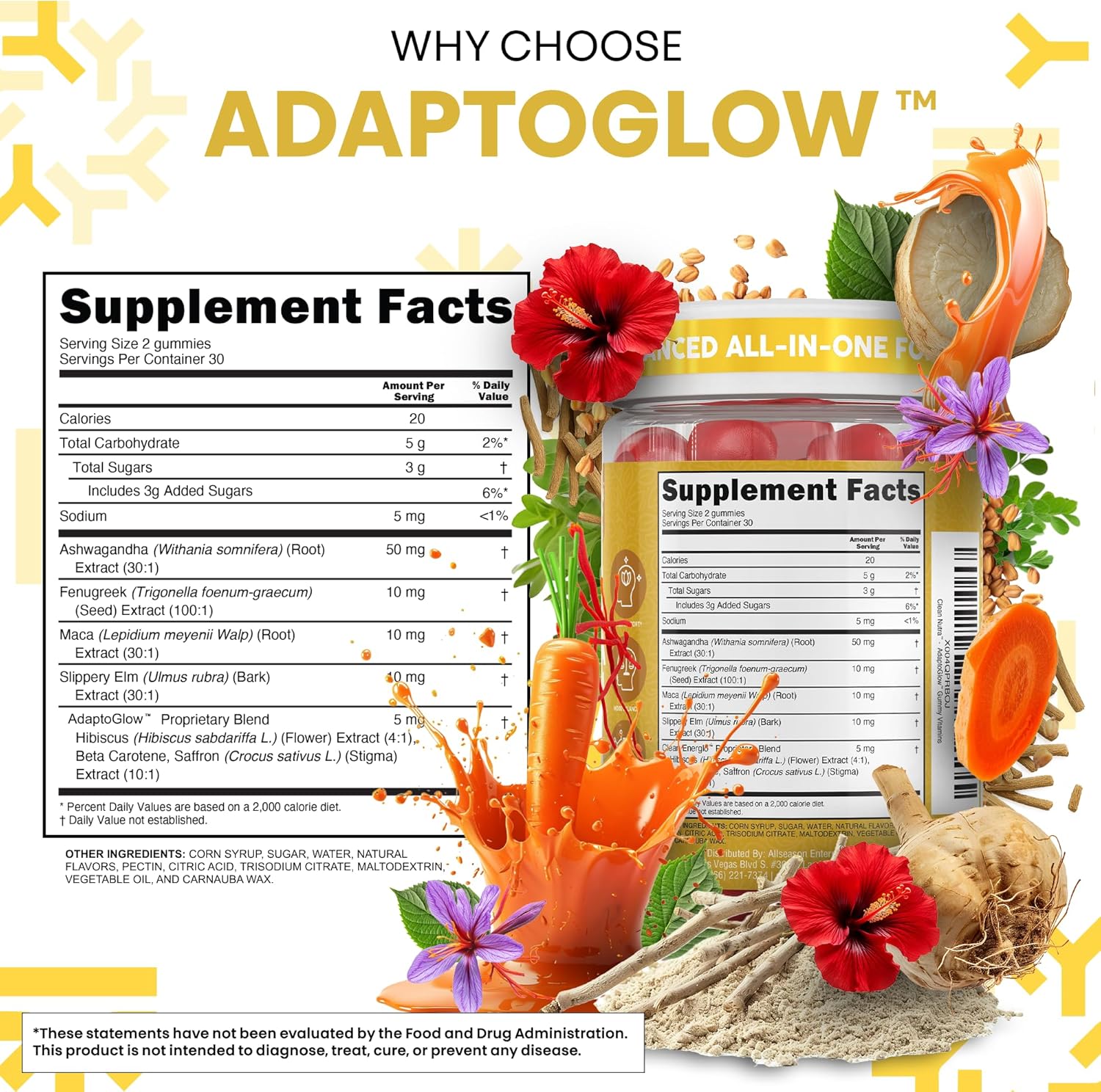 Clean Nutra Maca Root Gummies Ashwagandha Fenugreek Slippery Elm Saffron Hibiscus Beta Carotene Vitamin A for Women Macaroot Extract 60 Gummies Vegan Adaptogen Supplement Gummy Non GMO