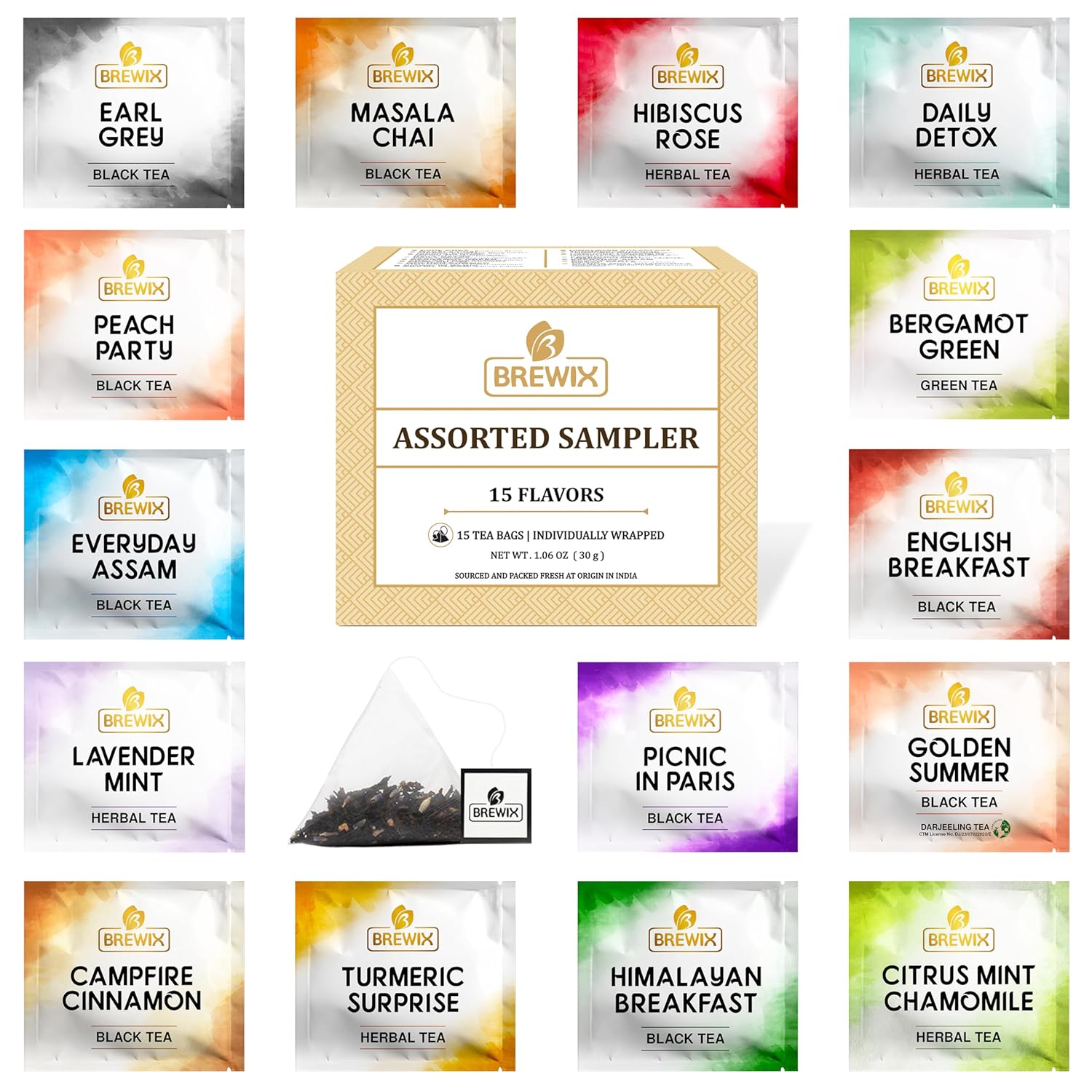 BREWIX Premium Assorted Tea Sampler Gift Box (15 Pyramid Individually Wrapped Tea Bags) | Herbal Tea, Black Tea, Green Tea | Tea Gift Set & Variety Pack | Gifts for Women & Men, Tea Set
