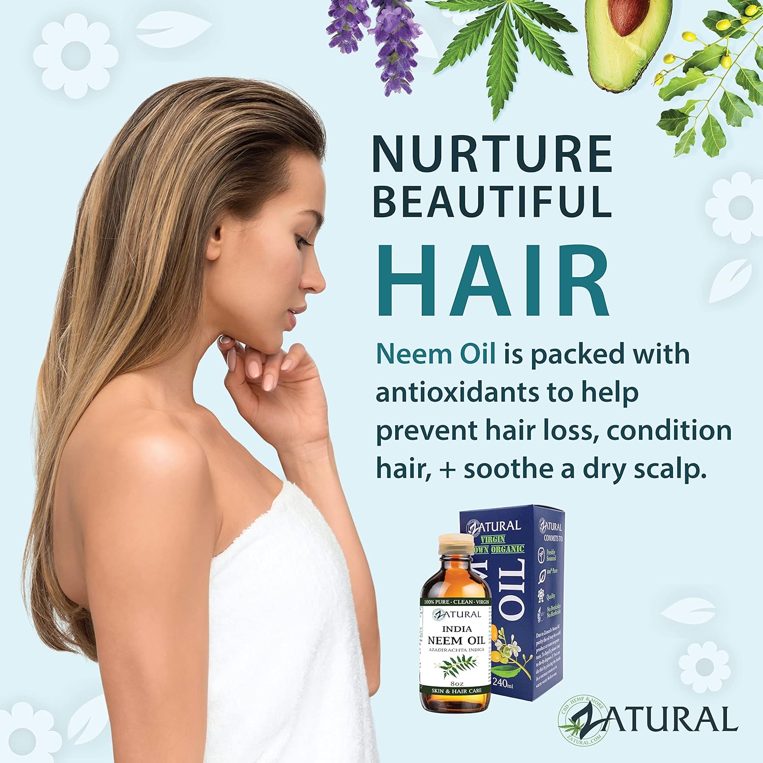 Zatural Organically Grown Neem Oil 100% Pure Cold Pressed Seed Oil Uses for Hair, Skin, and Nails, & Outdoor 8oz
