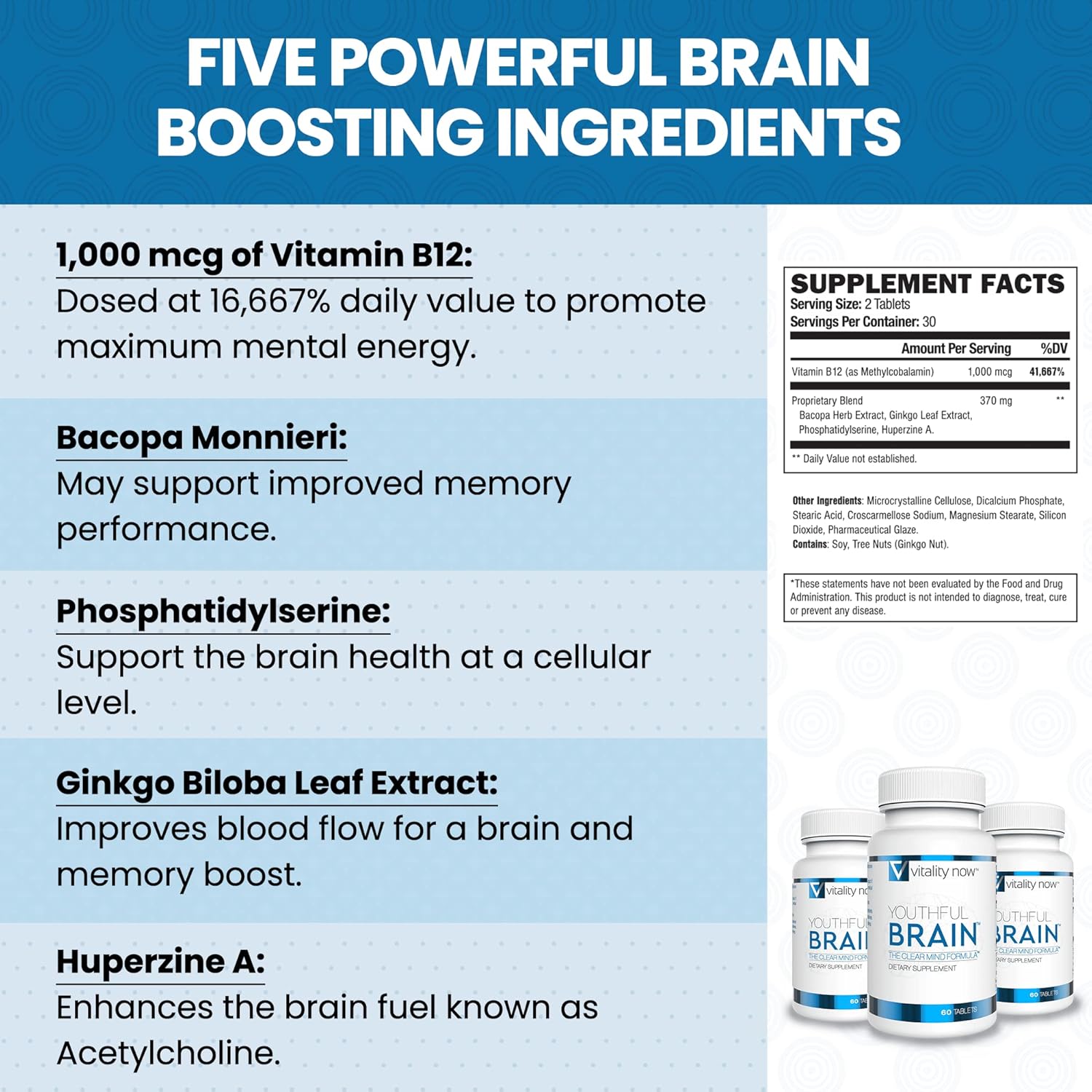 Youthful Brain 2 Bottle Bundle - Memory & Brain Health Support Supplement - Brain Booster Clarity with Bacopa Monnieri, Ginkgo Biloba, B12-60-Day Supply (120 Count)