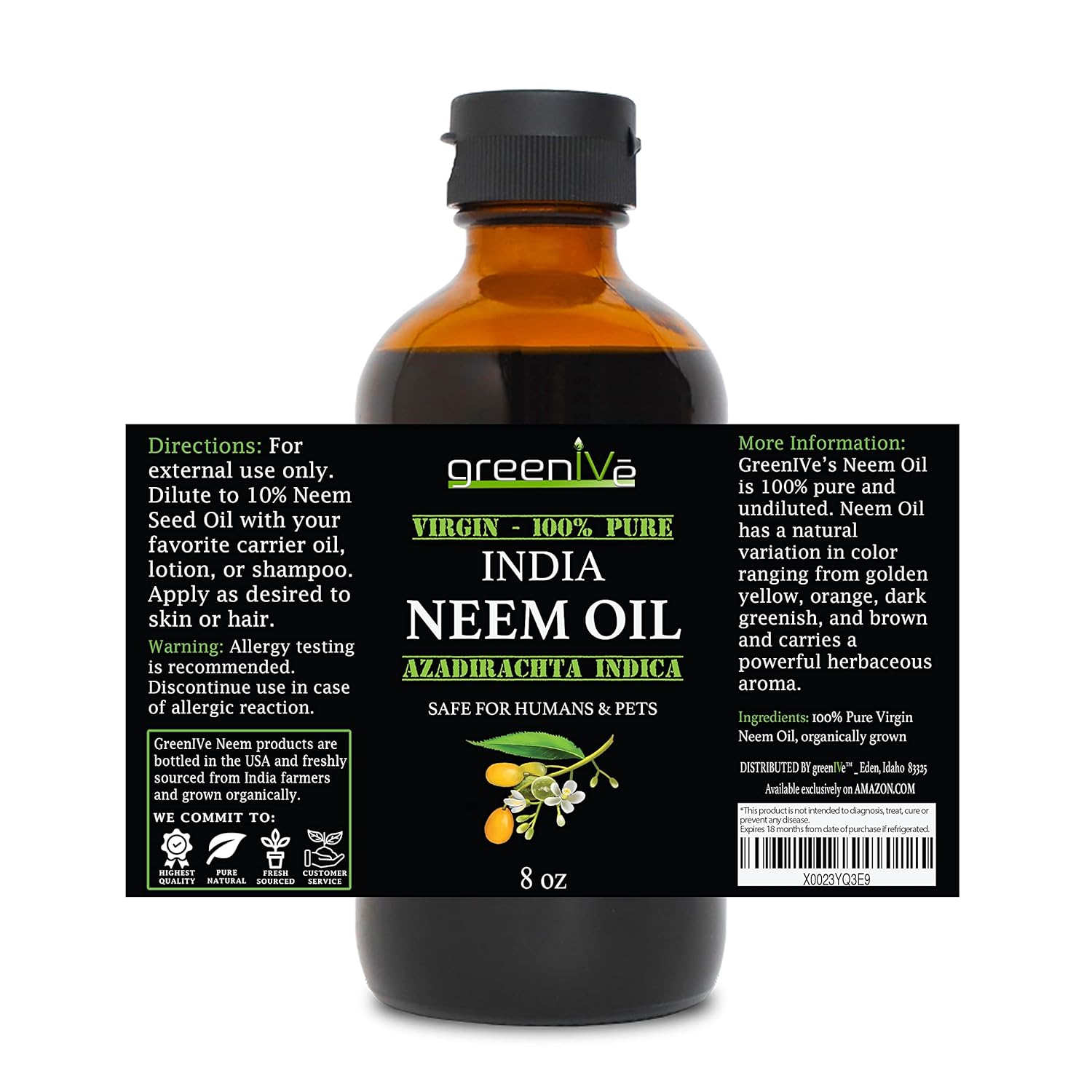 GreenIVe Neem Oil 100% Pure Organically Cold Pressed Virgin (8 Ounce)