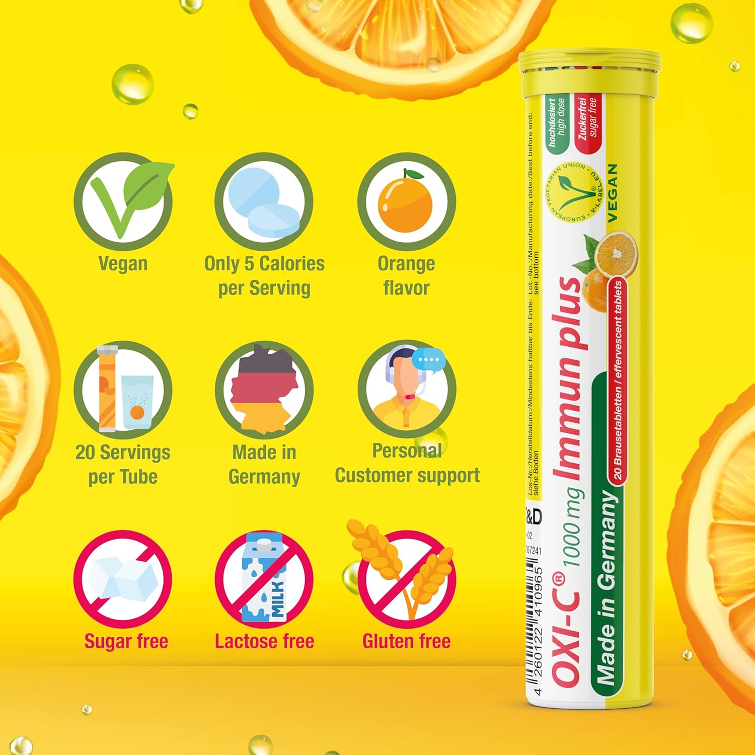 T&D Oxi C 1000 mg Vitamin C - 100 Vegan Drink Effervescent Tablets - Orange Flavor - Made in Germany