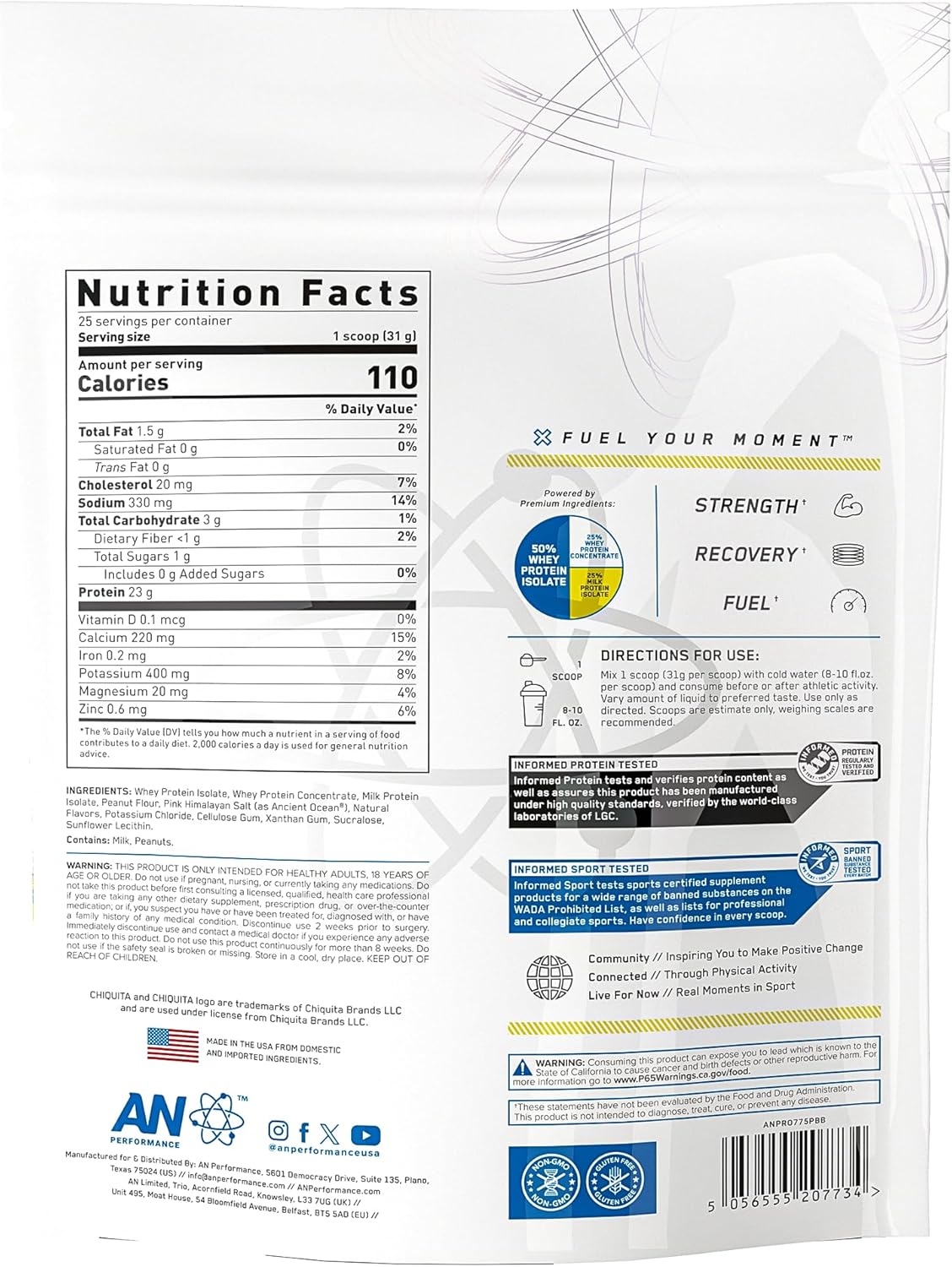 AN Performance Whey Protein Powder | Chiquita Banana Peanut Butter | 23g Protein, 1g Sugar, 100% Whey | Gluten-Free, Low Carb, Low Fat | Keto Friendly | Essential Amino Acids for Muscles | 25 Servings