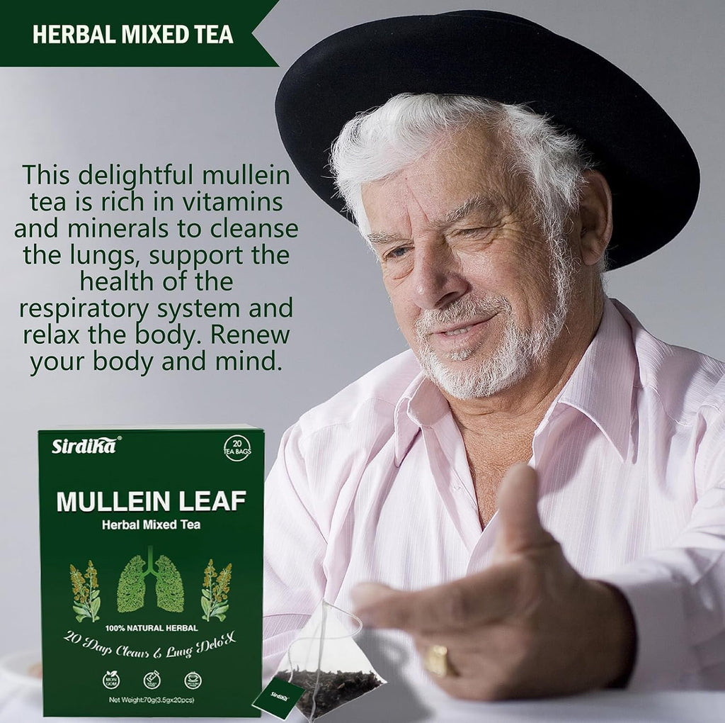 Mullein Tea Bags for Lungs - 20 Teabags (2.47oz/70g), 100% Pure Natural Premium Mullein Leaf, Mint Leaf, Mulberry Leaf for Lungs Cleanse and Respiratory Support, Herbal Teas, Caffeine Free (1 BOX)