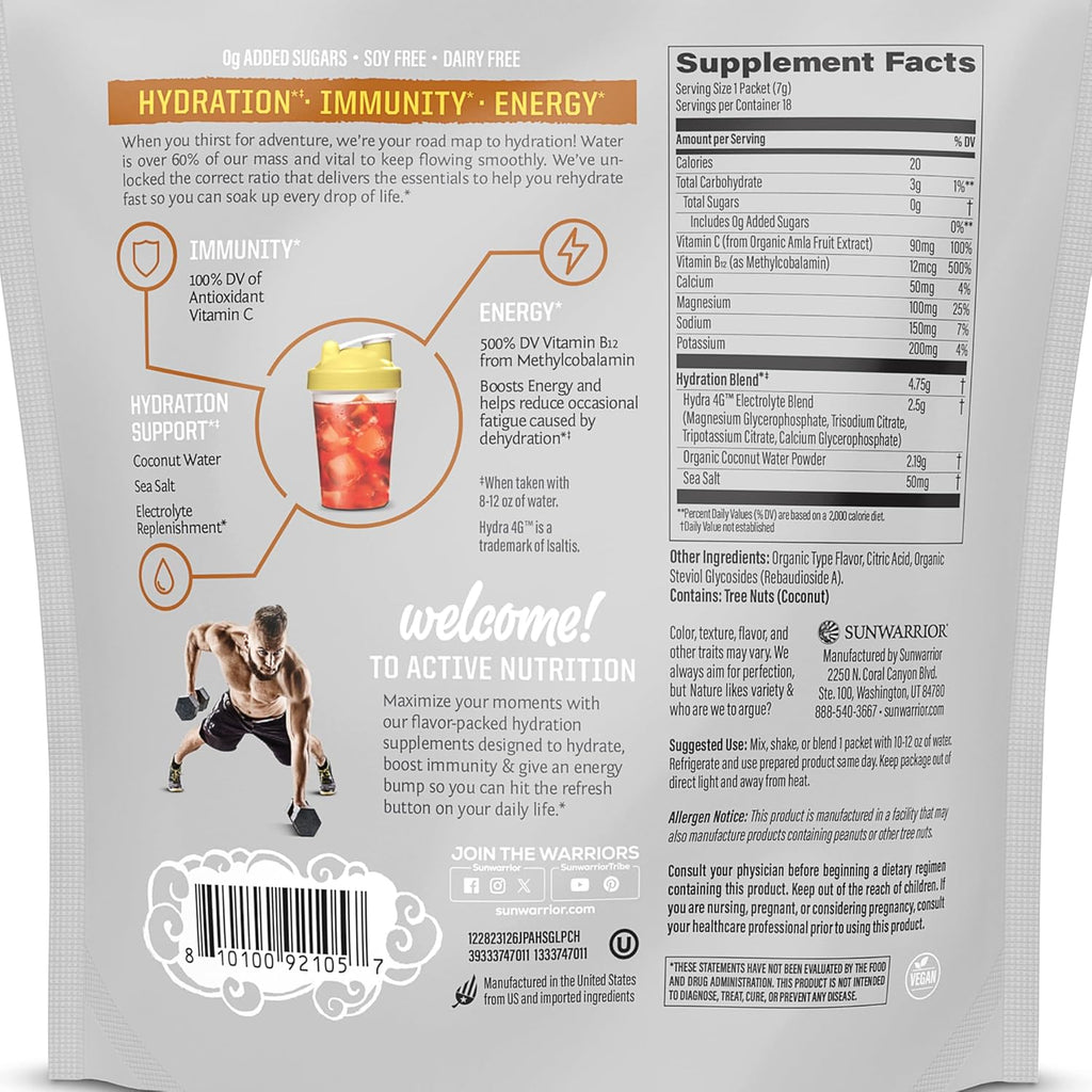 Sunwarrior Hydration Powder Electrolyte Packets Powder B12 Elderberry | Juicy Pineapple Flavored 18 Stick Packs 126g Pouch | Vegan and Plant-Based Sugar Free