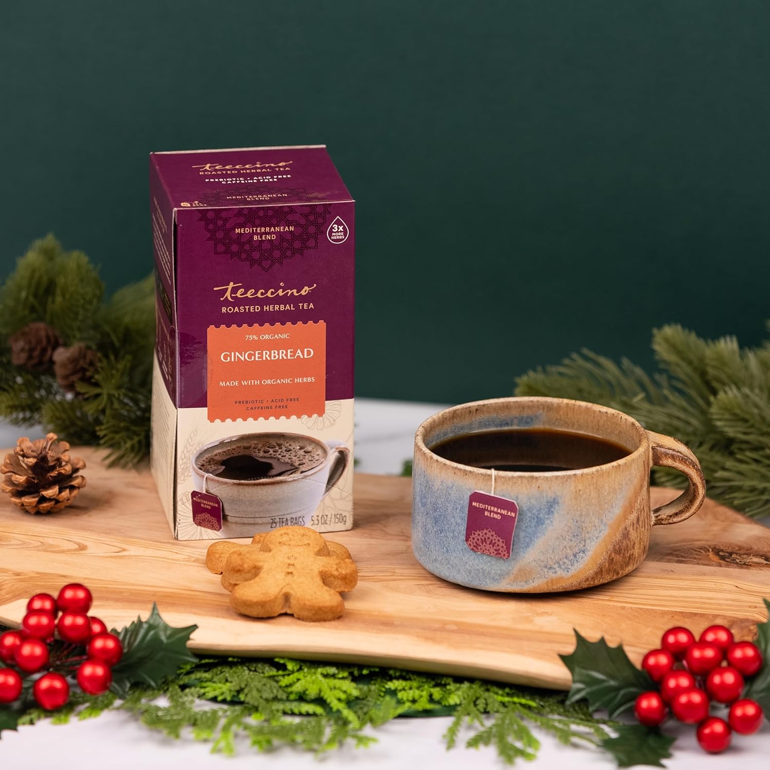 Teeccino Gingerbread Chicory Coffee Alternative - Holiday Dessert Beverage That’s Prebiotic, Caffeine-Free & Acid Free, Medium Roast, 25 Tea Bags