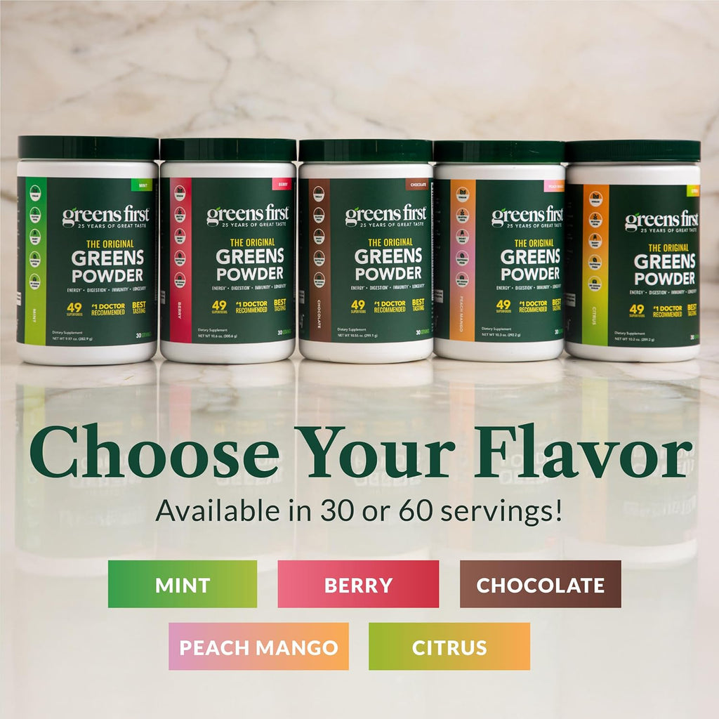 Greens First Original Greens Powder - 49 Superfoods - Organic Fruits & Veggies - Prebiotics, Probiotics & Digestive Enzymes - Antioxidant Smoothie - Dairy Free/Vegan/Non-GMO (Citrus, 30 Servings)