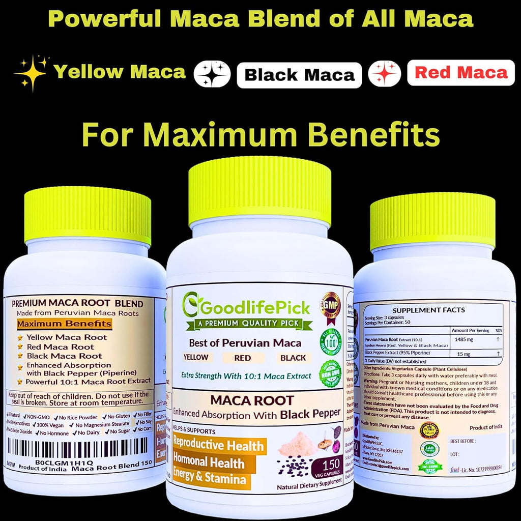Peruvian Maca Root Capsules with Black Pepper 150 ct. Premium Yellow Maca Red Maca & Black Red Maca Powerful 10:1 All Type Maca Extract All Natural Non-GMO Vegan NO Rice Powder NO Stearate NO Silicon
