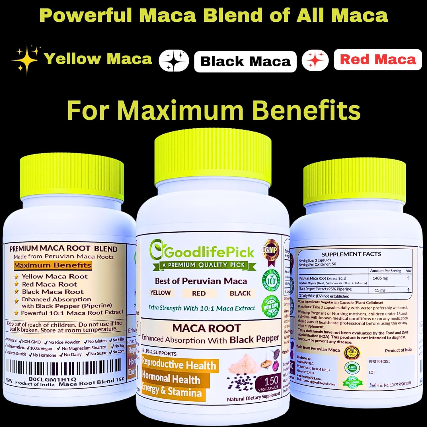 Peruvian Maca Root Capsules with Black Pepper 150 ct. Premium Yellow Maca Red Maca & Black Red Maca Powerful 10:1 All Type Maca Extract All Natural Non-GMO Vegan NO Rice Powder NO Stearate NO Silicon