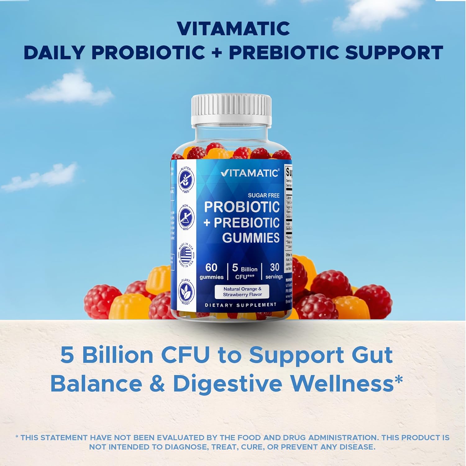Vitamatic Sugar Free Probiotic Gummies for Men and Women – 5 Billion CFUs - 60Gummies per Bottle | 2 Pack (120 Gummies) Digestive, Immune & Gut Health Support – Gluten Free