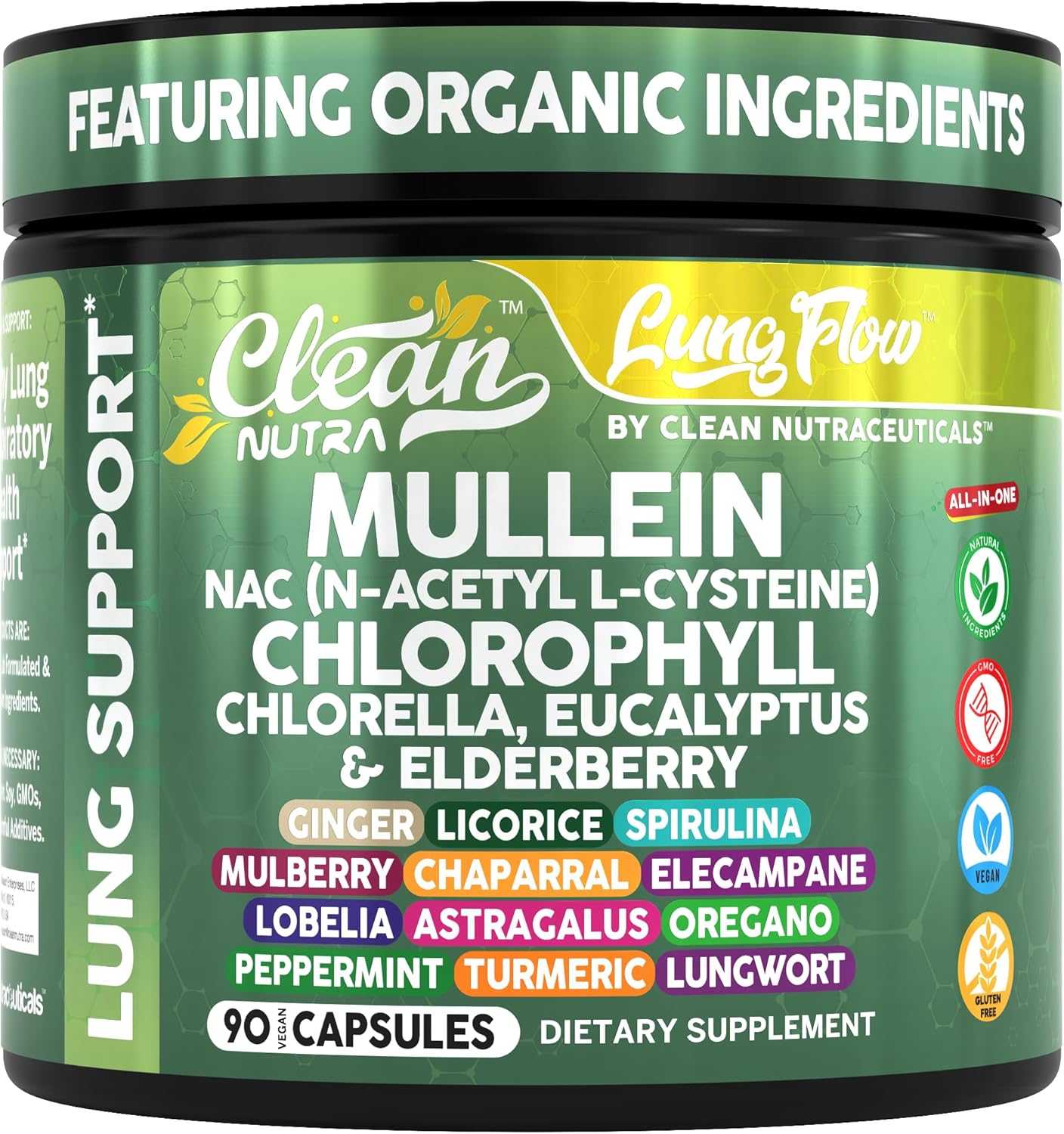 Clean Nutra Mullein NAC Supplement Spirulina Chlorella Ginger Licorice Mulberry Astragalus Root Oregano Turmeric with Chlorophyll Berries Detox Cleanse Respiratory Lung Health 90 Capsules