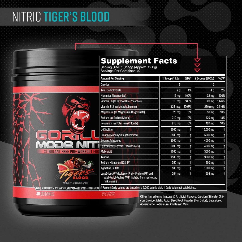 Gorilla Mode Nitric Upgraded Stimulant Free Pre-Workout – Best Tasting and Most Effective Stimulant Free Pre-Workout/Massive Pumps · Vasodilation · Power / 784 Grams (Tigers Blood)